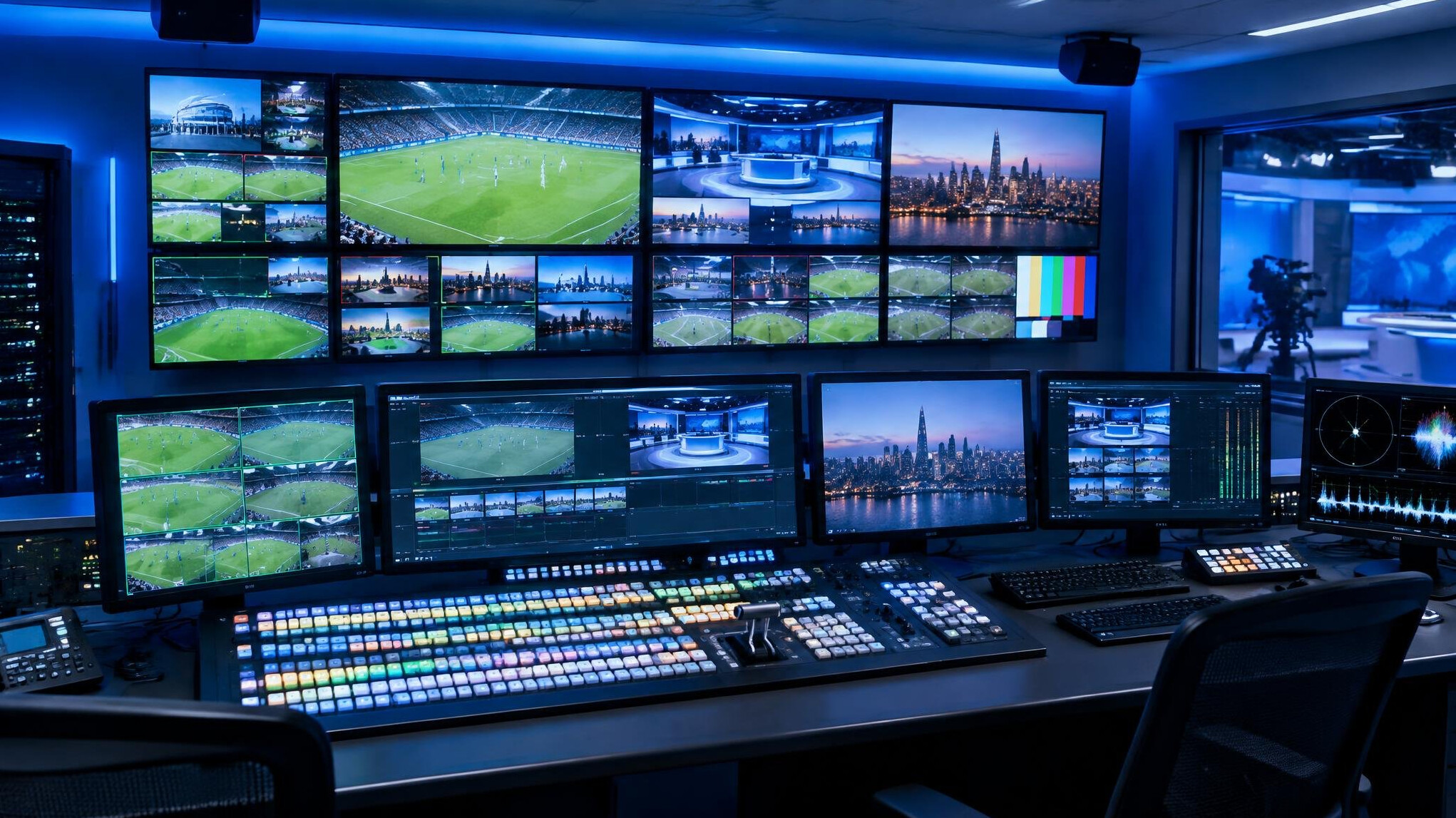 Television broadcast control room with a wall of monitors and a vision mixer