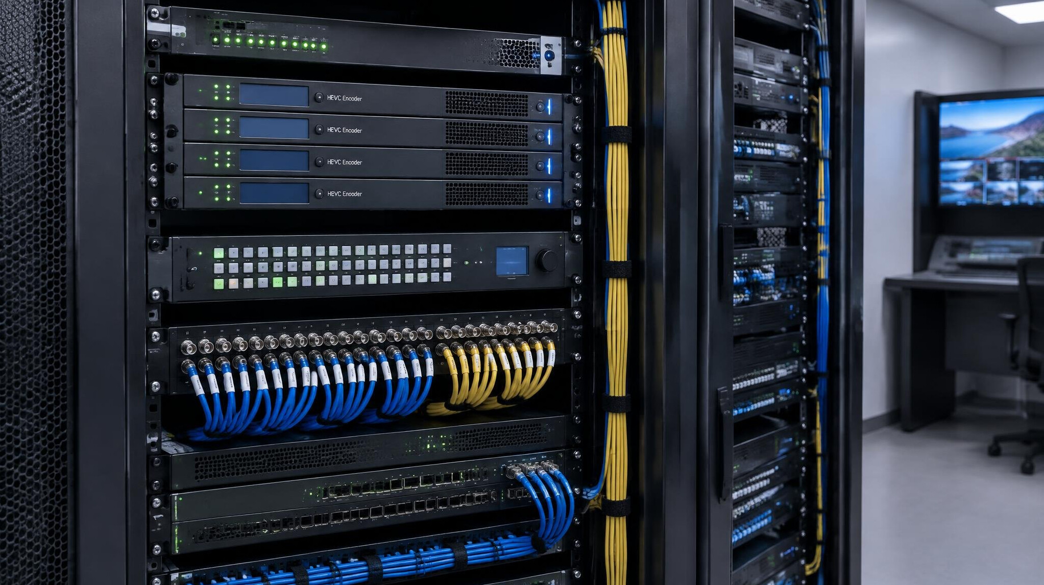 Rack of video encoding and routing equipment with illuminated cables