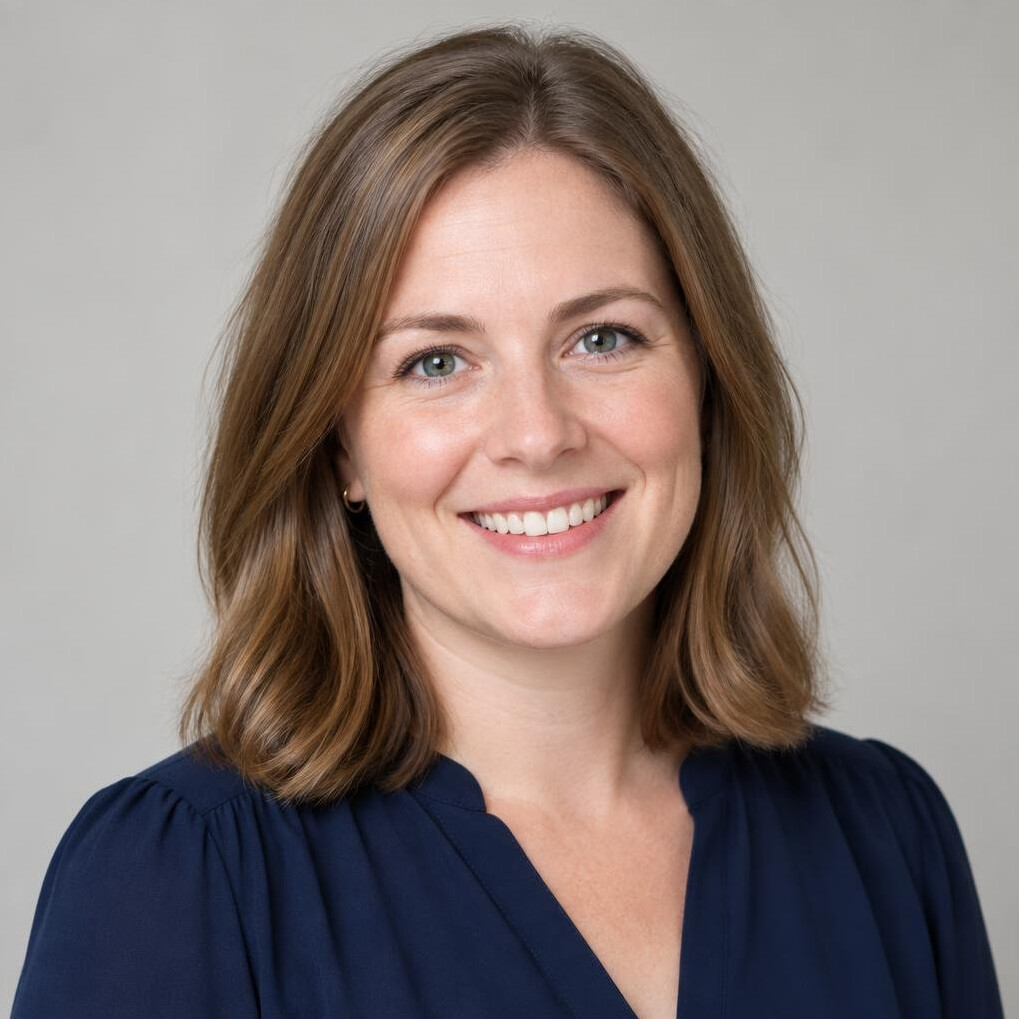 Portrait of a woman with light hair smiling at the camera