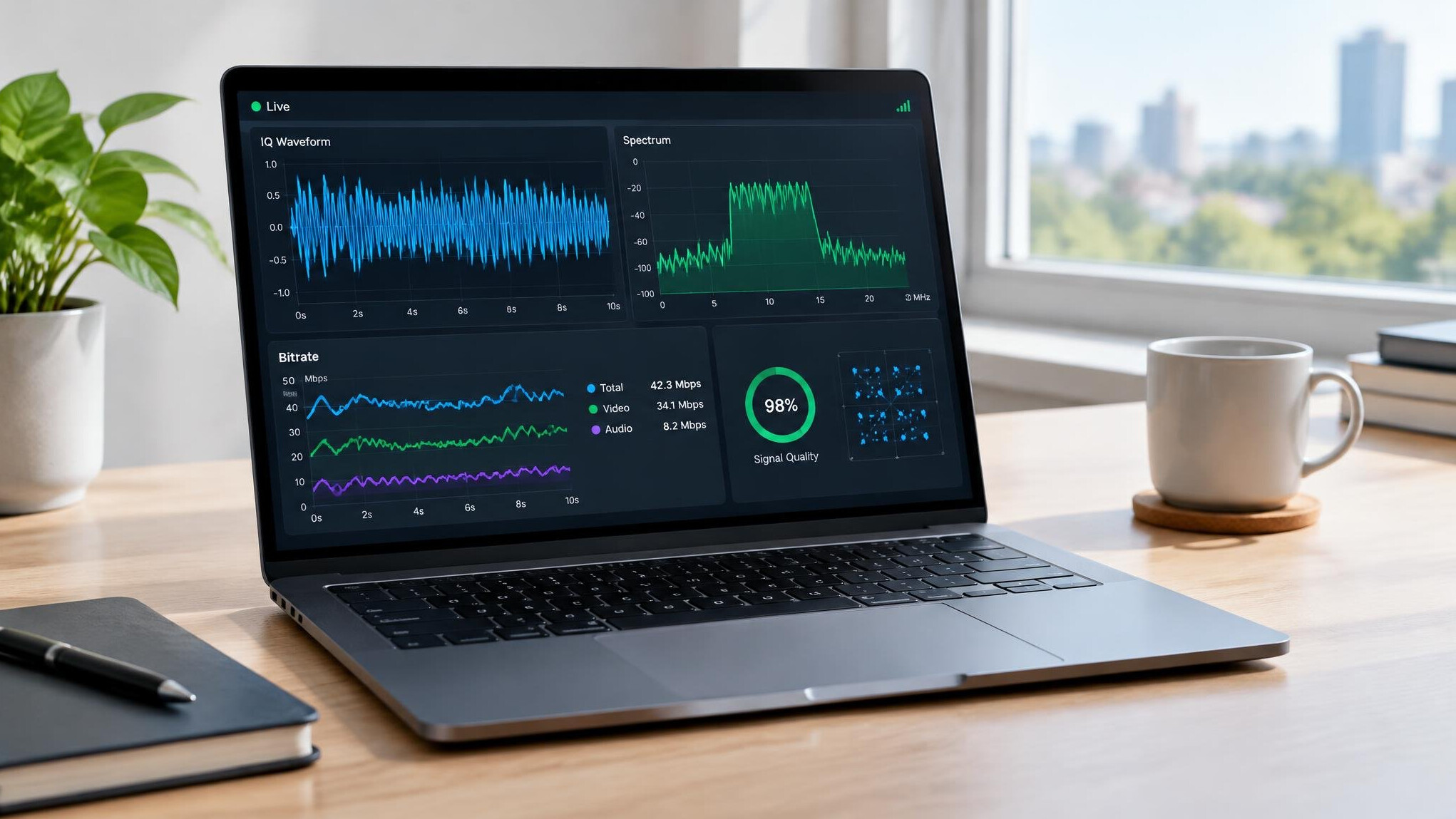 Laptop screen showing live signal monitoring dashboards and waveforms